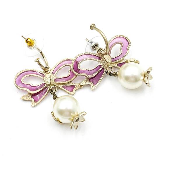CHANEL Gold Fuchsia Ribbon Bow CC Pearl Dangle Hoop Earrings - Picture 3 of 4